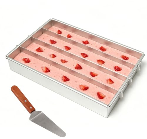 Pilikoll Teglia da Forno Rettangolare Regolabile in lega di Alluminio | per la Preparazione di Toast Pane Torte a strati,30×20×5.2cm,con 4 Scomparti,Stampo per Tiramisù,Teglia Forno Rettangolare