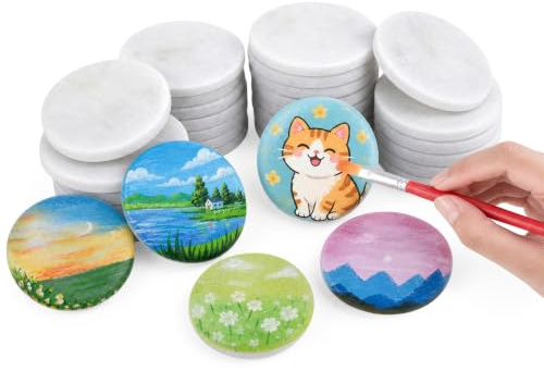 32 Stück Flache Steine zum Bemalen 5 cm, Fein- und Grobkies, DIY Kreativ Malen, Einzigartige Dekoration, Weißer Dekorativer Stein, für Kunst Kunsthandwerk Aquarien Garten Deko