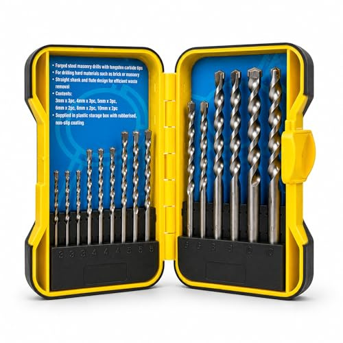NAVOYS | Masonry Drill Bit Set 13 Piece | Tungsten Carbide Tip Drill Bits for Brick, Concrete, Stone & Block | Heavy Duty Twist Drill Bits with Storage Case – 3mm, 4mm, 5mm, 6mm, 8mm, 10mm