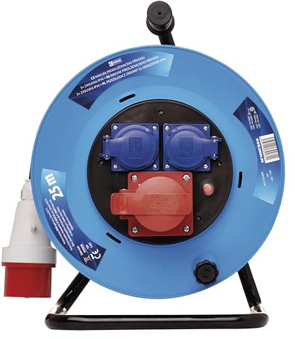 EMOS - CEE-Kabeltrommel 25m - 3 Steckdosen (1 CEE, 2 French) - wasserdicht - 230 V/400 V, 13 A, 3000 W/5000 W - Gummi-Isolierung - H07RN-F 1,5 mm2 - IP44 für Außenbereich & Camping