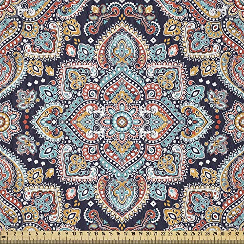 ABAKUHAUS Ethnisch Stoff als Meterware, Vintage Boho Kunst, Microfaser Stoff für Dekoratives Basteln, 1M (230x100cm), Türkis Rot Schwarz