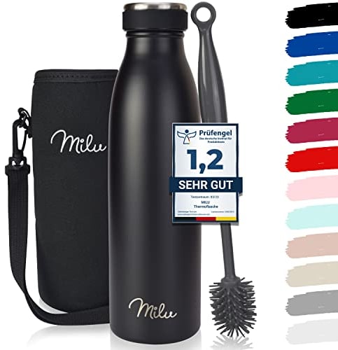 Milu Thermoflasche 350ml 500ml 750ml 1L 1,5L Isolierte Edelstahl Trinkflasche Thermoskanne Auslaufsichere Isolierflasche doppelwandig für heiße und kalte Getränke, Kohlensäure geeignet (Schwarz 500ml)