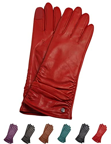 AKAROA ESTD 2019 Lederhandschuhe Damen BEA, Touchscreen Funktion, italienisches Leder, recyceltes Strickfutter aus 50% Kaschmir und 50% Wolle, 4 Größen S - XL, rot, L - 8