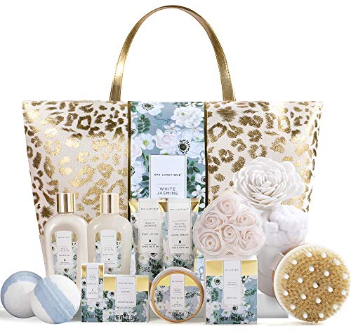 Spa Luxetique Coffret de Bain, Parfum de Jasmin,15PC Coffret Cadeau pour Femme, Sac Fourre-tout, Bain Moussant, Cadeau pour l’Anniversaire et des Fêtes Cadeau Fête des Mères, Cadeau Noël
