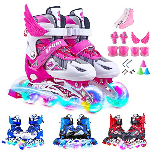 Rollers en Ligne pour Enfant/Ados avec roulettes Clignotantes Patins à roulettes Alignées Taille Réglable et Confortables Stylish Design Beginner Roller Skates (Rose, M(33-37))