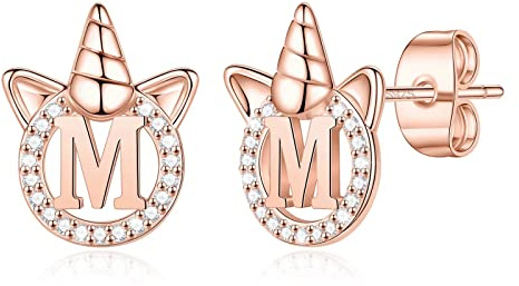 Einhorn-Ohrringe für Mädchen und Frauen, S925er-Sterlingsilber, mit Roségold, Zirkonia, Buchstabe M, hypoallergen, Ohrringe für Damen, Mädchen, Schmuck, Kinder-Ohrringe, Einhorn-Geschenke für Mädchen