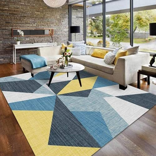 KIKCY Home Design Kinderzimmer Modern Decor Flauschig Geometrisch Erwachsene Muster Groß Wohnzimmer Schlafzimmer Couchtisch Kurzflor Teppich Samt Blau Dreieck Senfgelb (120 * 160cm)