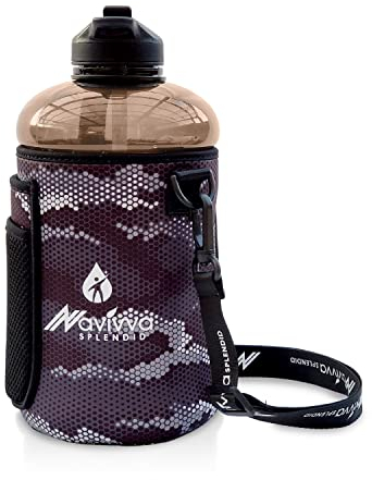 NAVIVVA SPLENDID Botella de agua grande de 2 L con funda aislante de neopreno y tapa con pajilla, sin BPA, apta para lavavajillas, portátil, respetuosa con el medio ambiente, con asa de transporte,