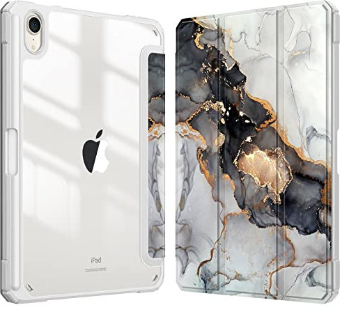 Fintie Hybrid Slim Case for iPad Mini 7 (A17 Pro, 7th Generation) 2024 / iPad Mini 6 (6th Gen) 8.3 Inch, [Built-in Pencil Holder] Shockproof Cover Clear Transparent Back Shell, Cloudy Marble