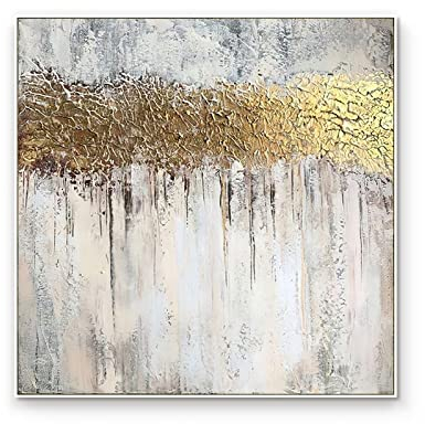 MWMG Acrylbilder, Retro Abstrakte Graue Textur Goldfolie Luxus Kunstwerk Handgemalte Ölgemälde Auf Leinwand Wandkunst Für Wohnzimmer Schlafzimmer Büro Wohnkultur,60X60Cm(24X24Inch)