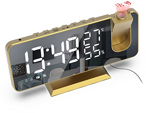 VORRINC Projektionswecker, Radiowecker Digitaler Wecker mit FM-Radio, 7 LED Spiegelbildschirm, Dual-Alarm mit USB-Anschluss, 4 Projektionshelligkeit, 180 ° Flip-Anzeige und 12 / 24H (Tyrannengold)