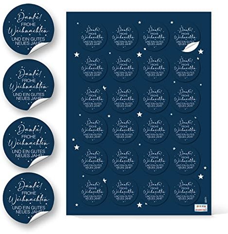 Weihnachtssticker Frohe Weihnachten, 24 Stück: Aufkleber Klein, Weihnachtsaufkleber Selbstklebend, Kleine Sticker Silvester Rund, Weihnachtliche Etiketten Geschenke, Geschenkaufkleber Blau, Ø 4 cm
