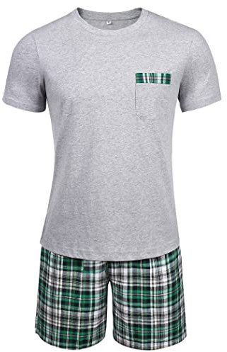 Winovia Pyjama Court pour Homme, 100% Coton, Manches Courtes, vêtements de Nuit, Ensemble avec col Rond et Pantalon à Carreaux, Gris, S
