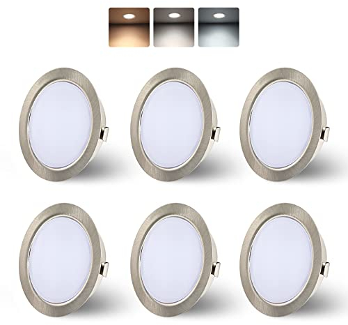KYOTECH LED Möbeleinbauleuchte 230V 4W 3 Farbtemperatur 3000K/4000K/6000K G4 LED 300LM Leuchtmittel Möbel Einbaustrahler, Bohrloch 55-58mm und 20mm Flache, Edelstahl gebürstet Nickel-6er Set