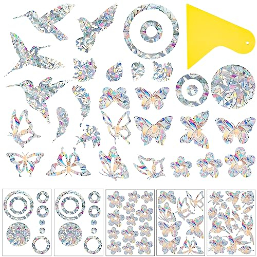 Regenbogen vogelschutz für glasscheiben, 52pcs fensteraufkleber vogelschutz, unsichtbare prisma fensteraufkleber, suncatcher sticker, Blumen, Kolibris, Schmetterlinge, rund