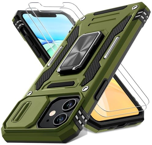 DEERLAMN Case for iPhone 11 with Slide Camera Cover+Screen Protector(2 Packs),Rotated Ring Kickstand Military Grade Shockproof Protective Cover-Olive Green