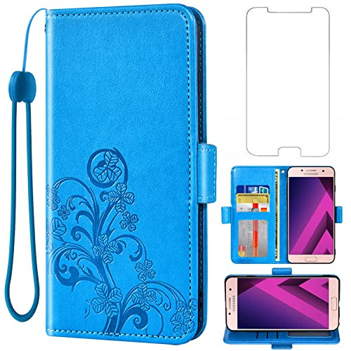 Asuwish Kompatibel mit Samsung Galaxy A3 2017 Wallet Case und gehärtetem Glas Displayschutzfolie Flip Geldbörse Zubehör Handschlaufe Kreditkartenhalter Handyhülle für Gaxaly 3A SM A320 A320M Blau