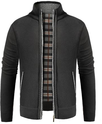 Pinkpum Strickjacke Herren Fleecejacke Sweatjacke Mit Reißverschluss Trachtenjacke, Gestrickt Cardigan Herren Wintermantel Schwarz M