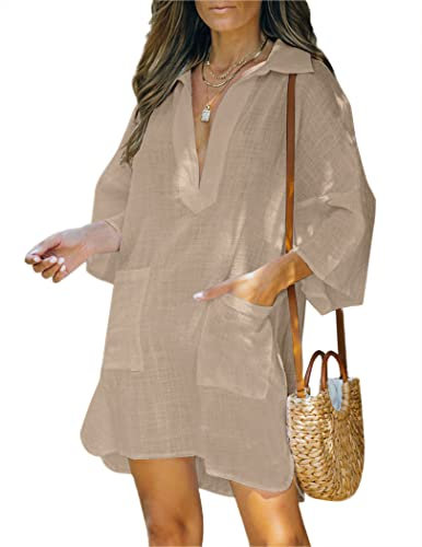 AI'MAGE Women Deep V Neck Cover Up Casual Cotton Linen Shirts Beachwear Half Sleeve Bikini Pool Dress, Light Brown, Medium