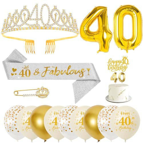 40. Geburtstag Frau Deko Set Gold, Krone Schärpe Ballons Set | Geburtstagsdeko zum 40. Geburtstag mit Krone, Schärpe, Ballons, Zahlenkerze 40 und Tortendeko für Frauen Party