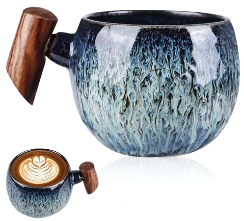 HOMURY 230 ml japanische Tasse mit Holzgriff Kaffeetasse aus Keramik japanische Teetasse Vintage Teetasse Müsli-Frühstückstasse für Espresso, Latte, Matcha-Tee, grünen Tee