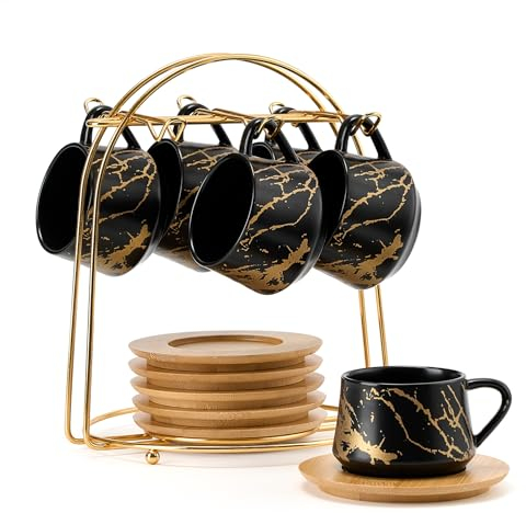 LUKA Lot de 6 petites tasses à expresso en céramique avec soucoupes et support en métal – Tasses demi-tasses en porcelaine pour double expresso, thé, noir marbré – 118 ml