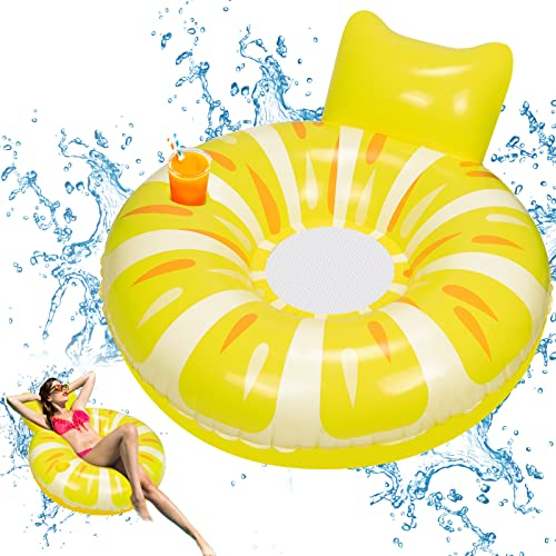 JONRRYIN Piscina Flotador Gigante, Anillo de Natación Inflable, Anillo de Natación de Limón Grande con Respaldo de Piña y Posavasos, Colchoneta Hinchables para Piscina Adultos y Niños (Limón)