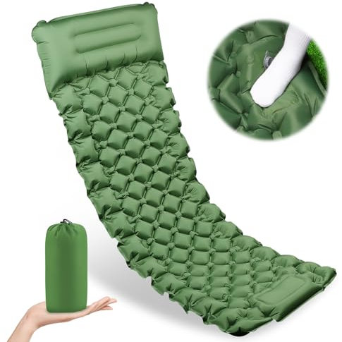 RISVOWO Matelas de Camping Autogonflant, Portable Matelas Gonflable 1 Place, Matelas Gonflable avec Pompe à Pied, Tapis de Couchage pour Camping,Voyage,Plage,Tente,Sac de Couchage(Vert)