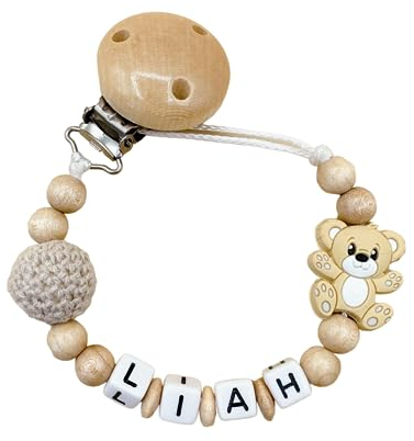 Personalisierte Baby geschenk kette mit Namen Teddy Bär Silikon Natur Holz | Junge oder Mädchen Namenskette