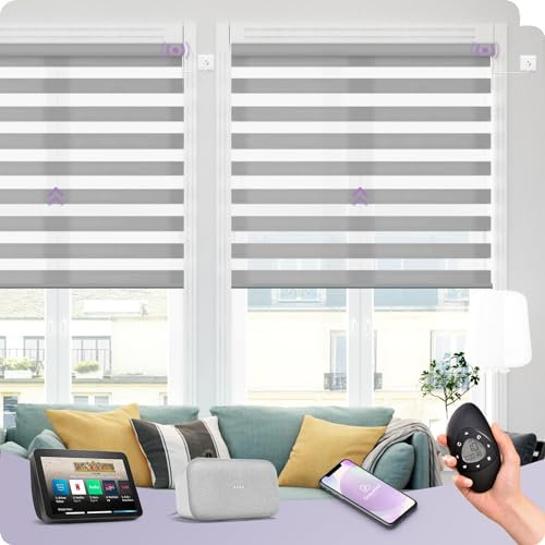 Graywind Elektrische Doppelrollo Wool-Touch, 50% Verdunkelnd Kunst Wollgewebe Duo Rollo, nach Maß Motorisierte Tag und Nacht Jalousien mit Festverdrahtetem Motor, Alexa Google Kompatibel, Light Grey
