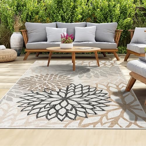 homeart Outdoor Rug - Easy-Clean, Durable, Stain-Resistant, Weather & UV Resistant Indoor & Outdoor Rugs for Porch, Deck, Balcony, Garden, Picnic and Patio | Bellis Black, Beige - 180x270cm