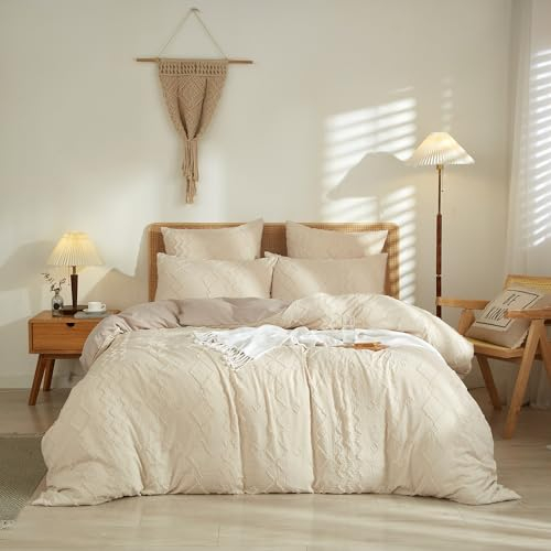 Luofanfei Beige Boho Bettwäsche 135x200 Getuftet Stickerei Geometrisch Bohemian Style Bettbezug Einzelbett Microfaser Bettwäsche Set mit Reißverschluss und Kissenbezug 80x80 cm