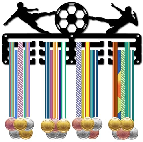 CREATCABIN Fußball-Medaillenhalter,Aufhänger,Metall-Medaillenständer,Organizer,Medaillenständer Aus Eisen Mit 12 Haken,3-Zeilige Schwarze Medaillen,Wandmontage,Aufhänger Für,Triathlon,Läufer,29x13cm