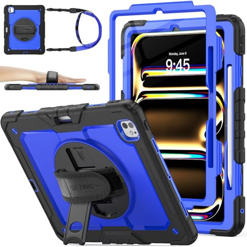 SEYMAC stock Funda para iPad Pro 13 Pulgadas (M4) 2024, Funda Resistente con Protector de Pantalla/Portalápiz/Correa de Mano giratoria 360/Soporte/Bandolera, Azul