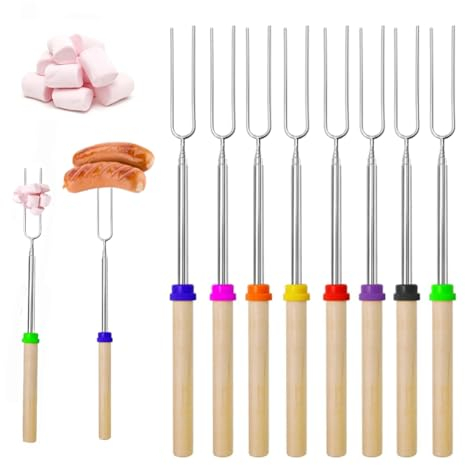 Lot de 8 fourchettes Marshmallow Brochette,Fourchette Barbecue Télescopique,Brochettes Télescopiques Acier Inoxydable,pour barbecue, feu de camp, pique-nique, cheminée