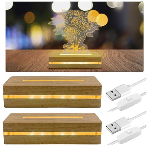 YWNYT 2 bases de exhibición de luces LED de madera, 15 x 4 x 3 cm, soporte rectangular de madera iluminada de acrílico único para placa acrílica de 4 a 5 mm de grosor, arte de resina, luz nocturna