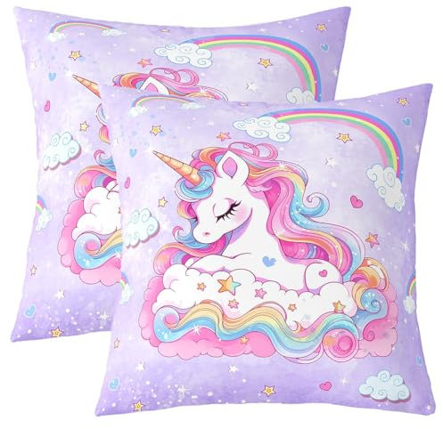 Homemissing Einhorn Kissenbezüge 40x40cm Kinder Regenbogenwolke 2er Set Kissenbezüge Kissenbezug für Jungen Mädchen Traumhaft Pferd Gedruckt Kissenhülle Lila Galaxie Magisch Tiere Dekor Dekokissen