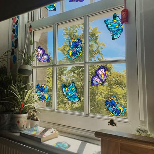 Funlife 18PCS Tiffany-Blau Schmetterling Fensteraufkleber Vogelschutz, Original handgezeichnet Dekorative Butterfly Window Clings, Double Sided Statisch haftende Schmetterling
