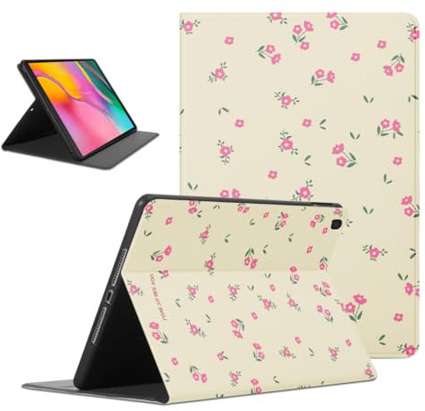 Kueqeay Coque pour Samsung Galaxy Tab A 10.1 2019 (SM-T510/T515), Aesthetic Fleur Motif Design Housse de Protection Léger avec Support Fonction Ultra-Mince PU Transparent Étui à Rabat, Beige