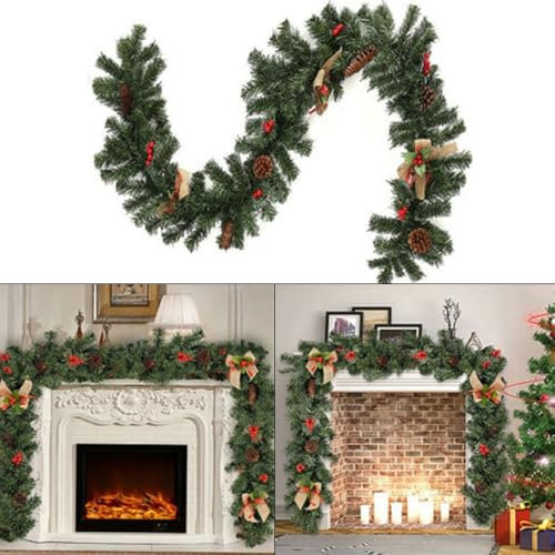 HEIBTENY 1,8M Tannengirlande Weihnachts Girlande Grün Weihnachtsgirlande Mit Beeren Tannenzapfen Und Schleife Mit Oder Ohne Beleuchtung Outdoor Indoor Weihnachten Deko
