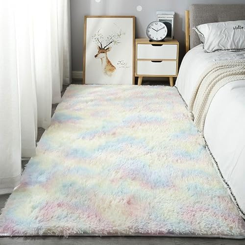 Homesally Shaggy Hochflor Teppich Flauschig rutschfest Waschbar Moderne Deko Teppich für Schlafzimmer, Wohnzimmer,Bunt,60cm×160cm