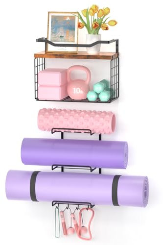Yoga Mat Holder Wall Mount, Yoga Accessory Mats Storage Rack , Home Gym Accessories Organizer Storage With Wood Floating Shelves, Storage Basket and 4 Hook For Hanging Yoga Strap & Resistance Bands