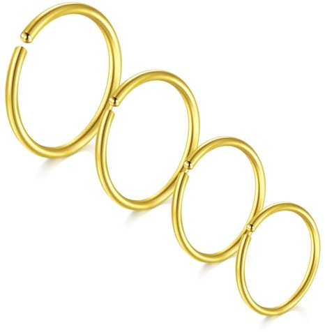 LAURITAMI 4 Stück Nasenpiercing Ring 20G Chirurgenstahl Dünn Nasenpiercing Ring Gold Set,Septum Clicker Ring,Lippe Ohr Nasenpiercing Schmuck 6/8/10/12MM
