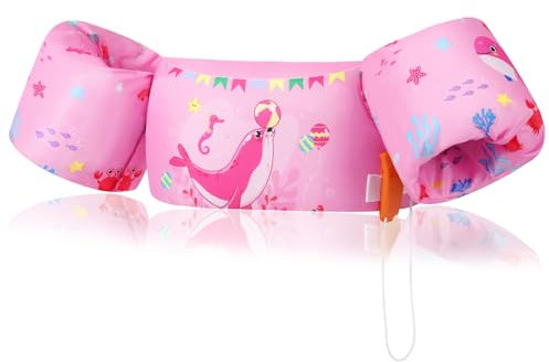 MoKo Kinder Schwimmflügel, Cartoon Schwimmende Badeanzug Schwimmtraining Jacke Schwimmflügel mit Sicherheitsschnalle für Jungen Mädchen, 20 bis 50 lbs, Rosa Siegel