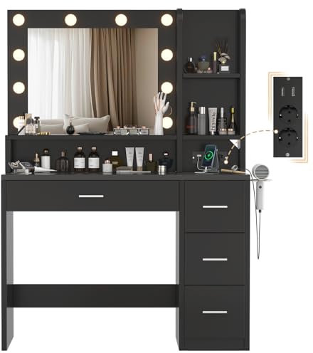 TRIUMPHKEY Schminktisch mit Hollywood-LED-Leuchten, Schminktisch mit USB-Anschluss und Steckdose, 1 Schublade, 2 Ablagen, Moderne Make-up-Station, für Schlafzimmer (Schwarz)
