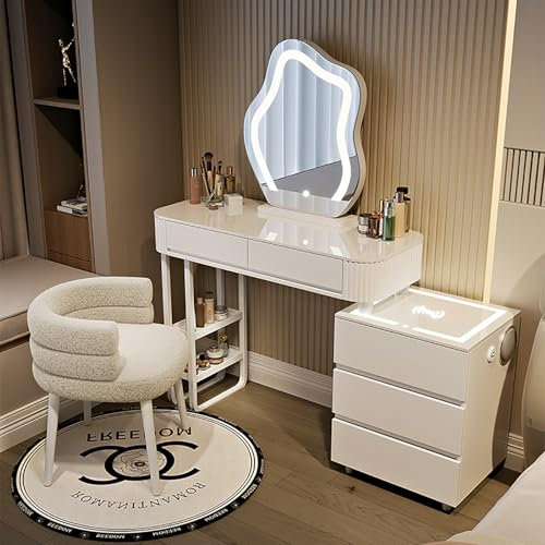 DGPBD Schminktisch Mit LED-Beleuchtung, Make-up Tisch Schminktisch Mit Spiegel, Gepolsterter Hocker Frisierkommode Aus MDF Holz Schreibtisch Für Mädchen, Frauen (Schminktisch-Set)