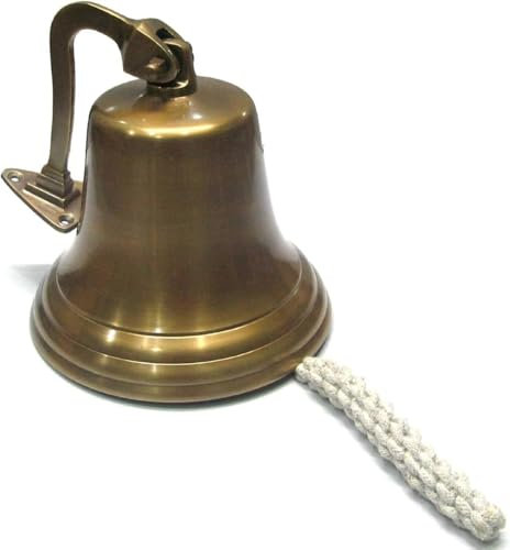 Antique Brass Wall Bell, Large Decorative Ship Bell with Mounting Bracket and Rope Pull, Bronze Finish