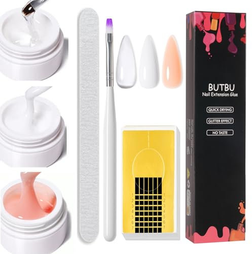 BUTBU Builder Nail Gel, 3 Basic Colors Nail-Extension-Gel, Hard Gels Builder for Nails Repair and Extensions, With nail Brush, Buffer Block and 20pcs Nail-Forms (Clear, White, Light Nude)