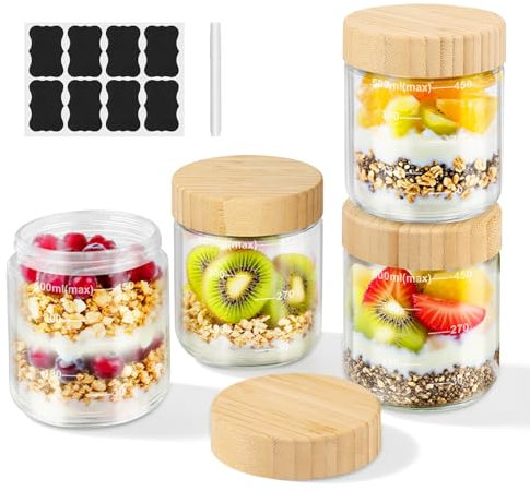 4 Pièces Overnight Oats Jar 500ml,Bocaux en Verre Pot avec Couvercles en Bois, Bocaux en Verre Hermétique, Meal Prep Containers Verre pour Yaourt,Céréales,Puddings, Confitures, Snacks
