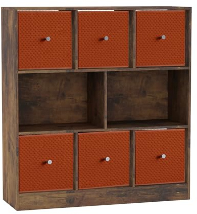 URBNLIVING 8 Cube Asymmetrical Bookcase with 6 Fabric Storage Drawers, Modern Freestanding Shelving Unit for Books, Toys & Decor, Engineered Wood Organizer Cabinet for Home & Office